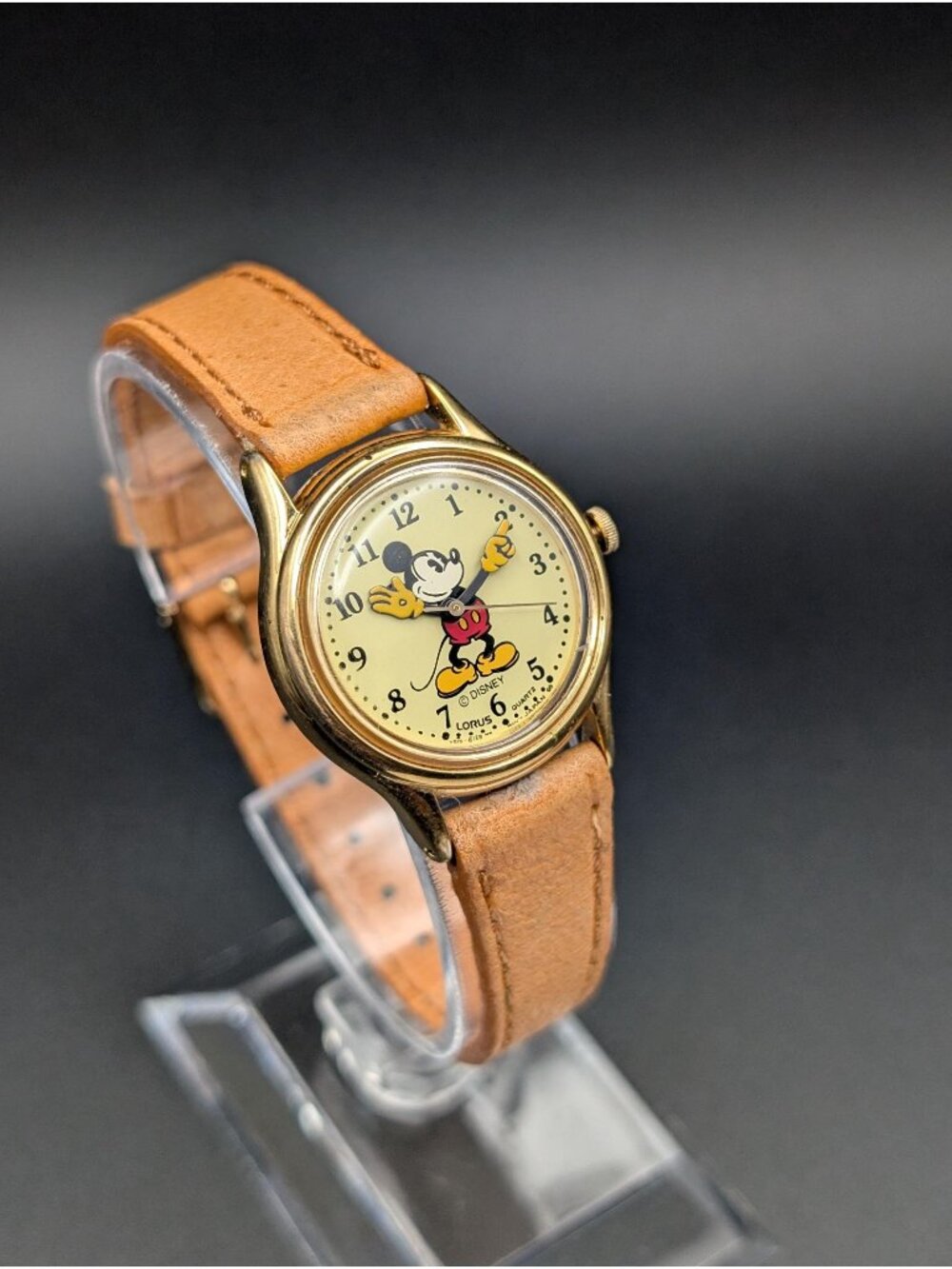 Vintage Lorus Mickey Mouse Quartz Watch, Gold-Tone Case, Tan Leather Strap, 90s